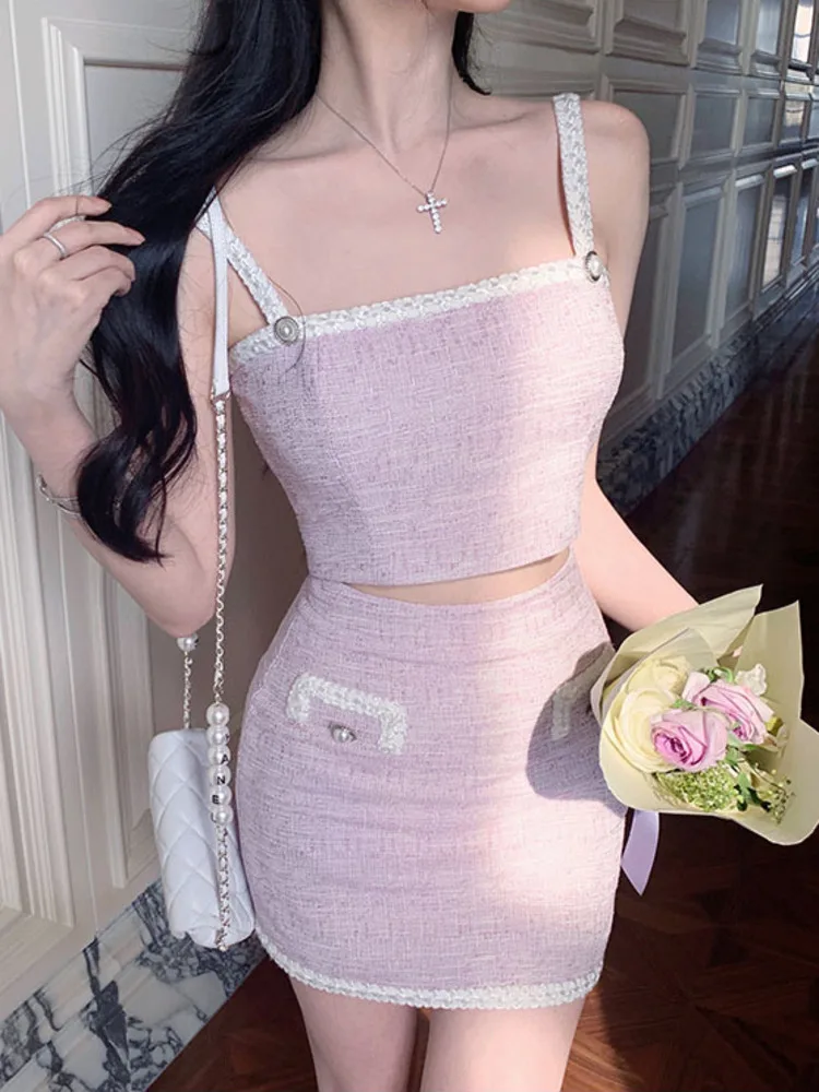 

2022 SUMMER Tweed two piece sets womens outifits Vest Crop Top + Mini Skirt Sets ensemble femme conjuntos de falda ropa mujer
