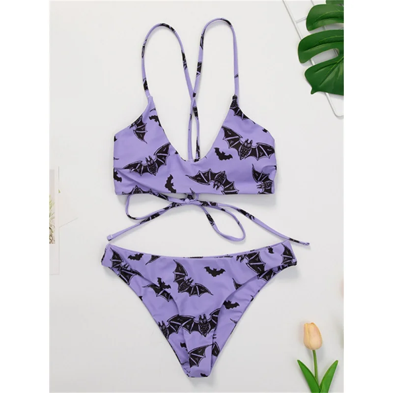

Сексуальное микро-бикини 2023, женский фиолетовый бандажный облегающий купальник с принтом летучая мышь, женский купальный костюм, стринги, о...