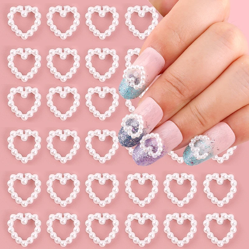 

3D Hollow Heart Pearl Nail Art Charms DIY Manicure Rhinestones Decorations French Sweet Gentle Nail Art Design Accessories 50PCS