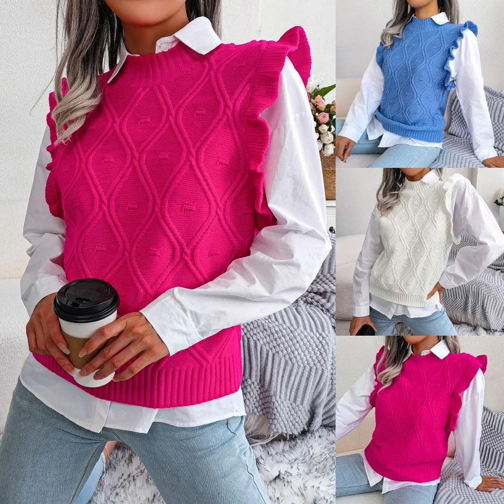 

Ruffle Knitted Vest Warm Fashion Sweet Winter Sweater Soft Casual Knitted Vest Women Spring Autumn