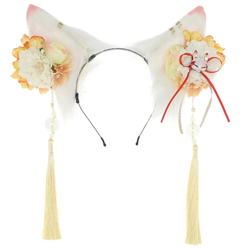 

Furry Ear Headband Cosplays Hair Accessory Furry Ears Charming Foxes Headpiece with Flowers Decors for Costume Party DXAA