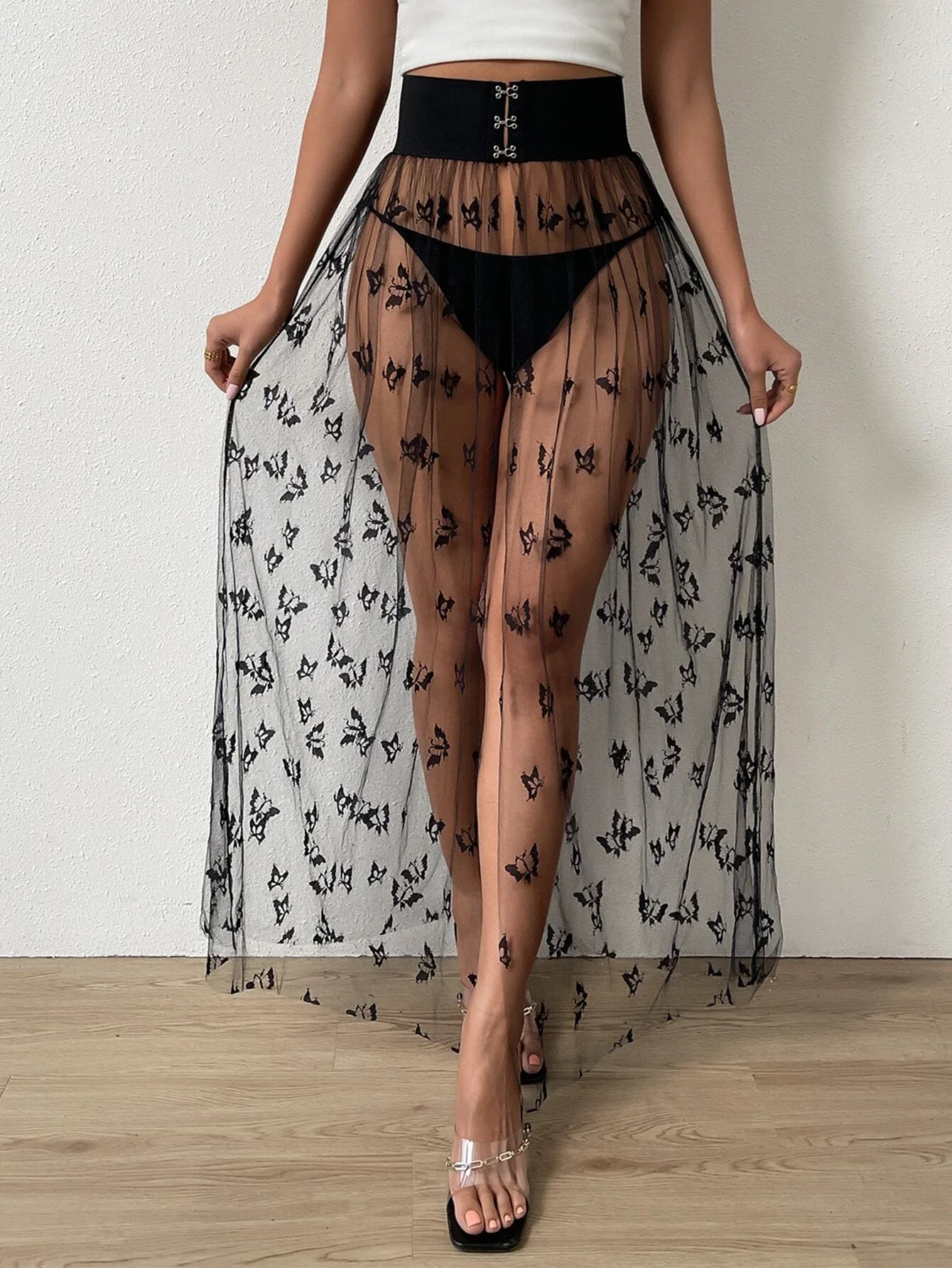 

Butterfly Print Sheer Mesh Skirt Without Panty