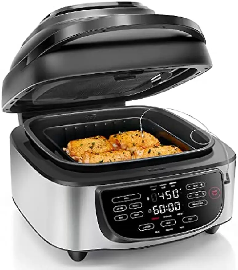 

Electric Indoor Air Fryer + Grill Does It All, Countertop-Size 5-in-1 Unit Can Air Fry, Grill, Roast, Bake, and Broil