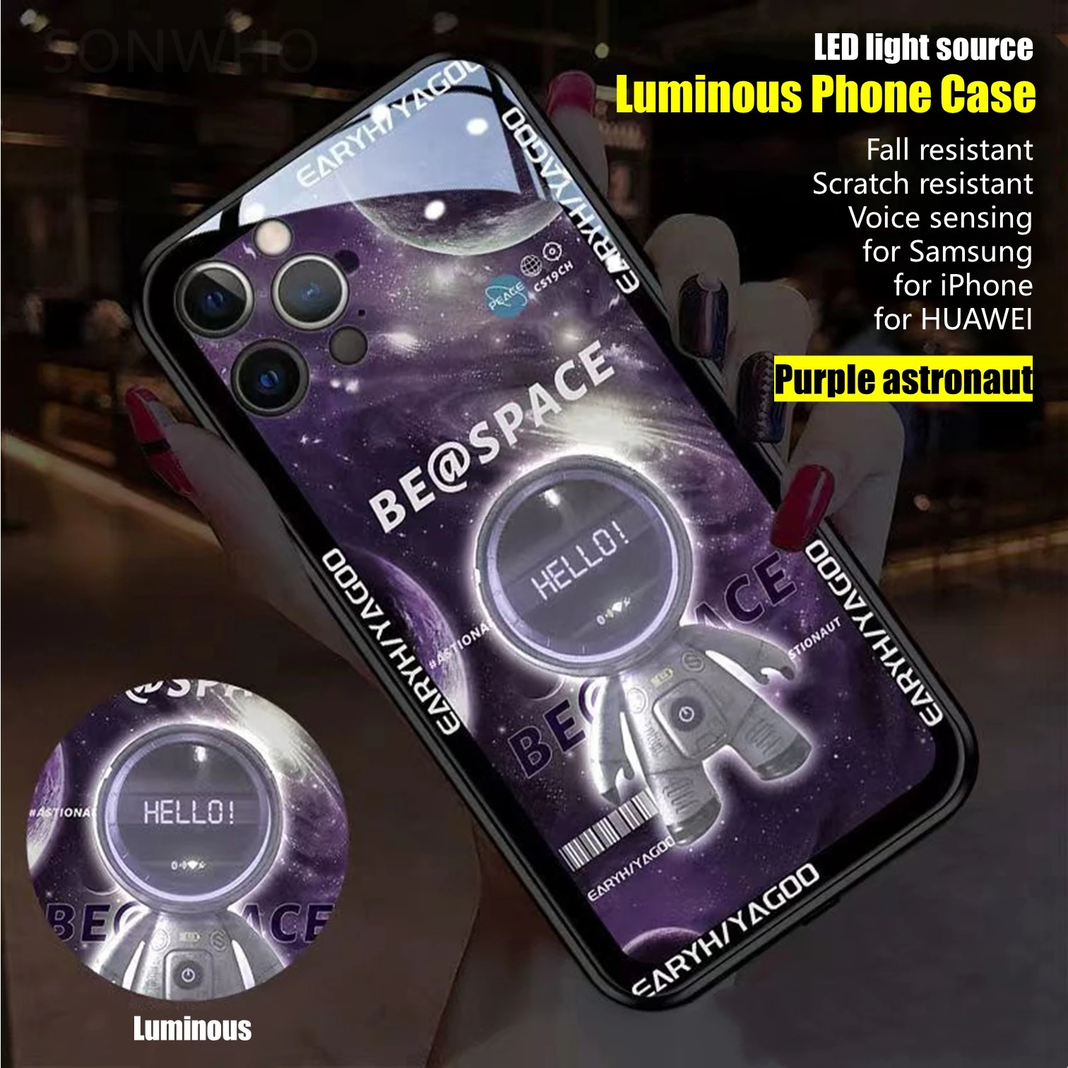 

Space Astronaut 7 Color LED Light Glowing Luminous Tempered Glass Phone Case for Huawei P30 P40 P50 P60 Mate 30 40 50 Pro Plus