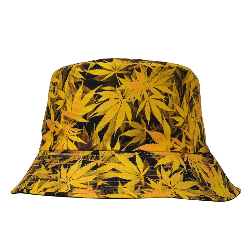 

Spring Summer Outdoor Hiking Beach Fishing Maple Leaf Print Bucket Hat for Women Designer Reversible Panama Cap Fisherman Hats