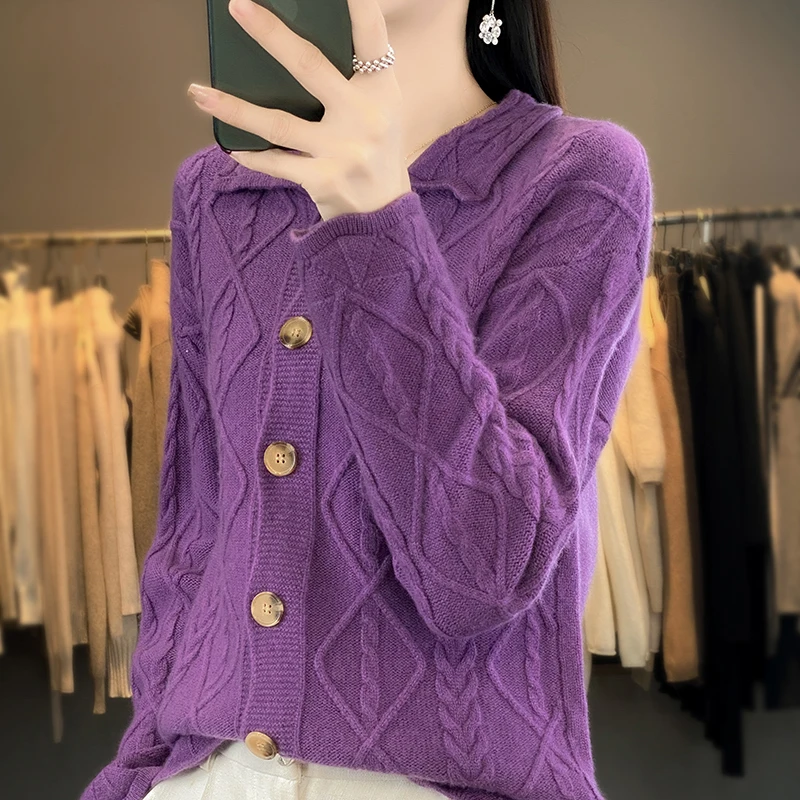 Повседневный теплый женский кардиган LDZWSM из 100% чистой шерсти с отворотом