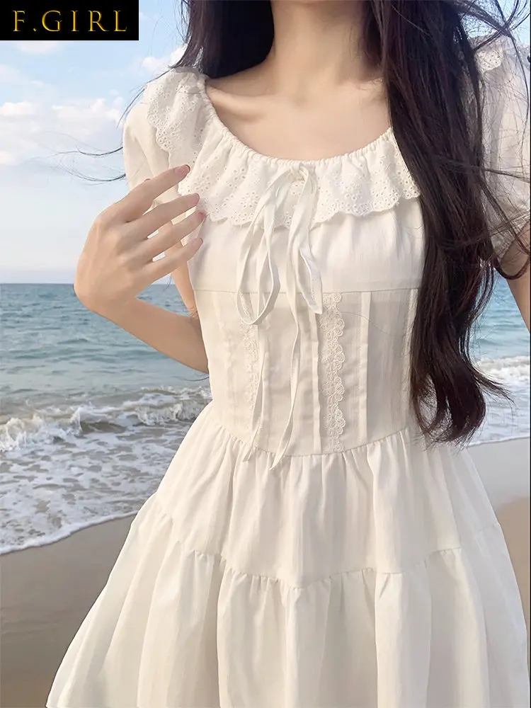 

Summer Dresses Women 2023 Lace Design Pure Color Casual Dress Beach Elegant Y2k Mini Dress Party Korean Fashion Short Sleeve Dre