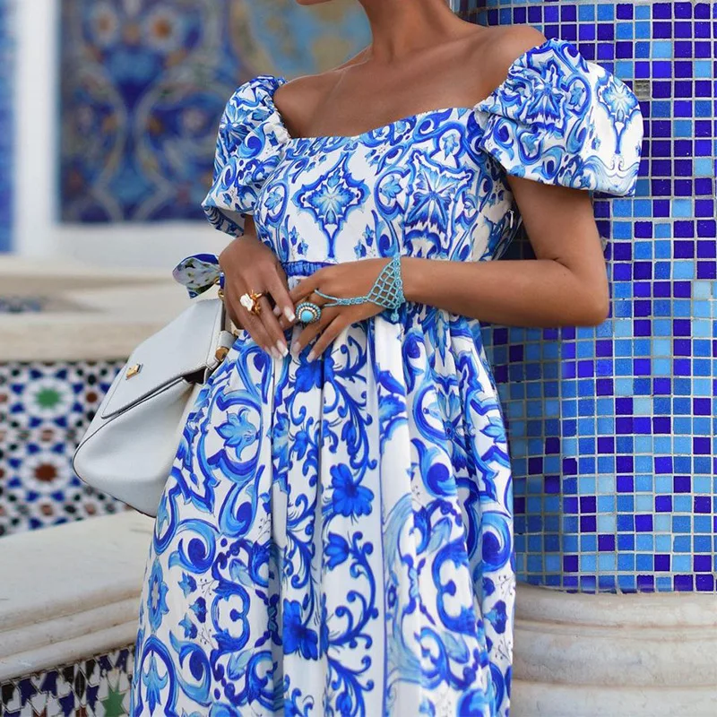 

Casual Off Shoulder Short Sleeve High Waist Corset Vacation Dress Summer Fashion Women Elegant Floral Print Bohemian Long Dress