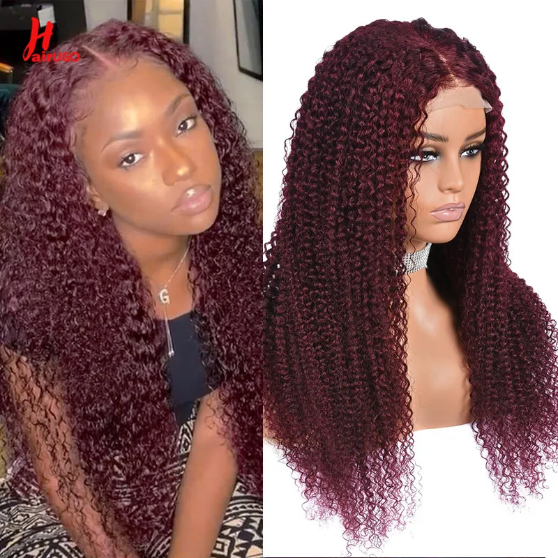 HairUGo 99J Kinky Curly Lace Closure Wig Burgundy 4x4 Lace Closure Human Hair Wigs With Baby Hair Remy Pre Plucked For Women