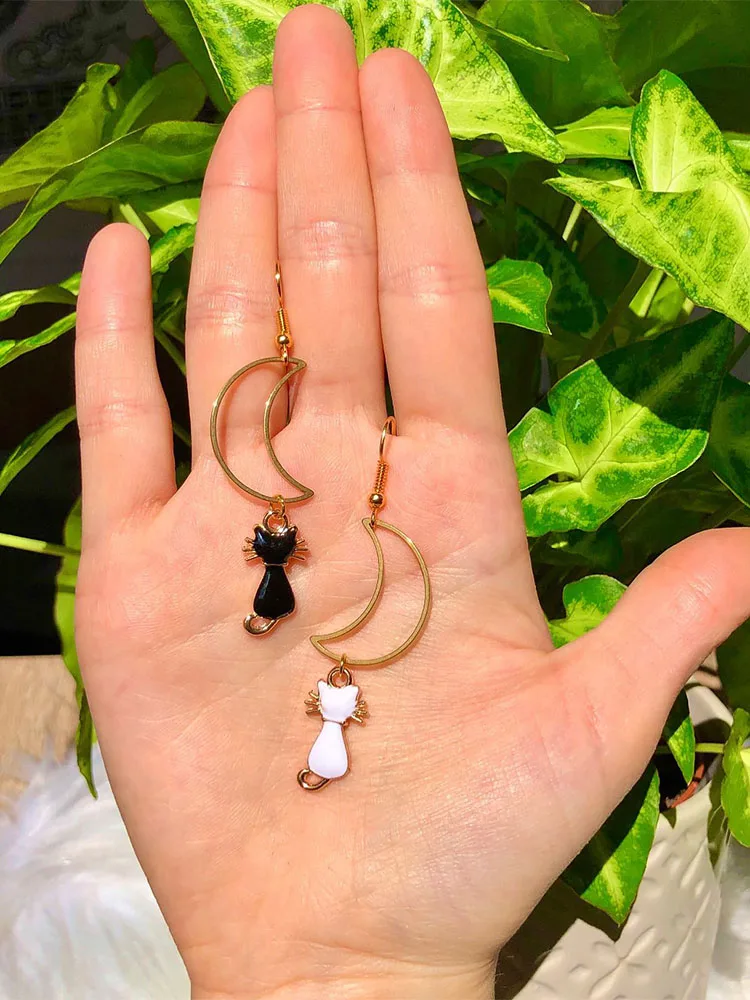 

black white cat moon earrings