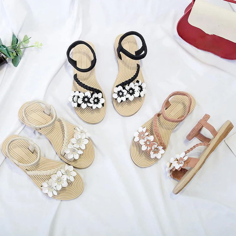 

Summer Shoes 2022 Flowers Gladiator Beach Sandals Ladies Flip FlopsWoman Sandals Elastic Ankle Strap Flat Sandalias Mujer