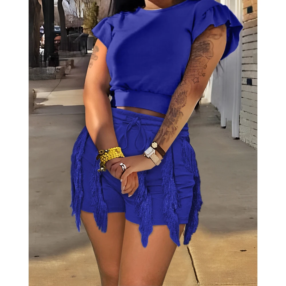 Fashion Summer Women Casual Two Piece Shorts Set Ruffles Flutter Sleeve Top & Tassel Design Shorts Set Streetwear Outfits