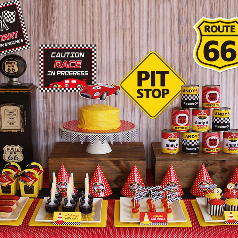 Гоночный автомобиль Принадлежности для дня рождения Клетчатые флаги Гоночные