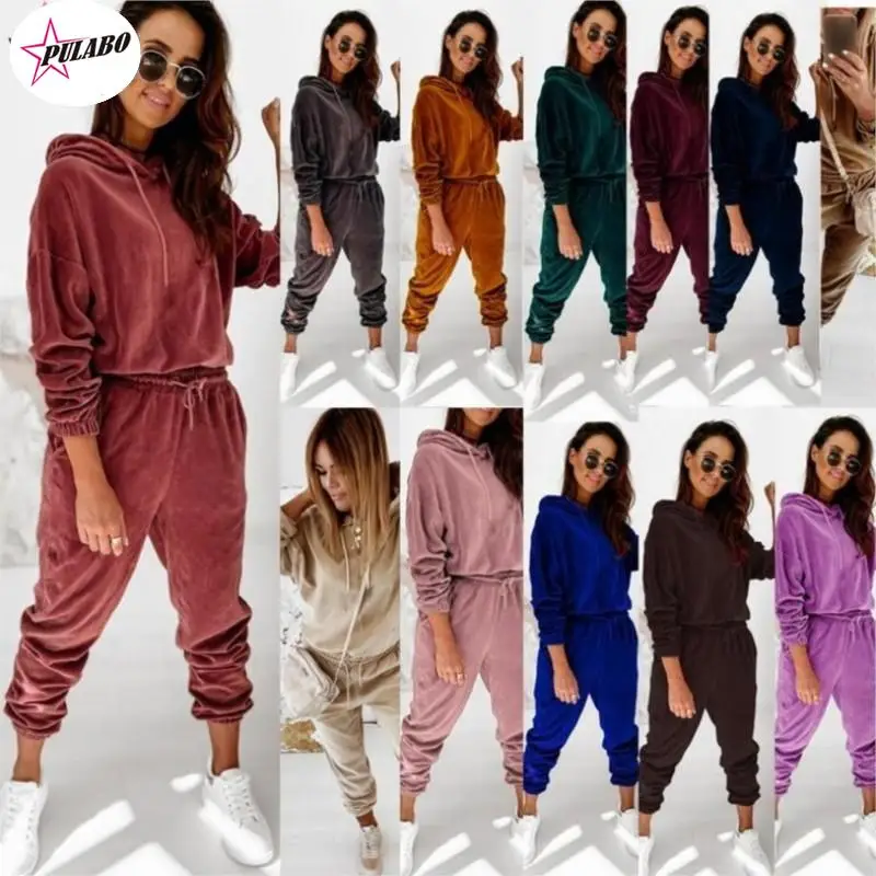 

Two Piece Sets Women Tracksuit Velvet Pant Sets Woman Solid Top and Pants Suit Fashion Streewear Conjuntos De Mujer 2022
