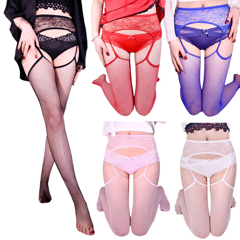 

Colorful Fishnet Bottomed Pantyhose Women Sexy Lace Floral Garters Belt With Thigh High Stockings Open Crotch Tights