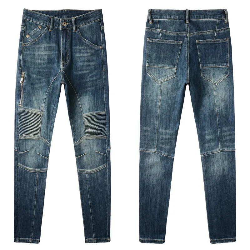 Street Fashion Men Jeans Retro Blue Spliced Designer Slim Fit Elastic Biker Jeans Men Punk Trousers Patched Hip Hop Pants Hombre