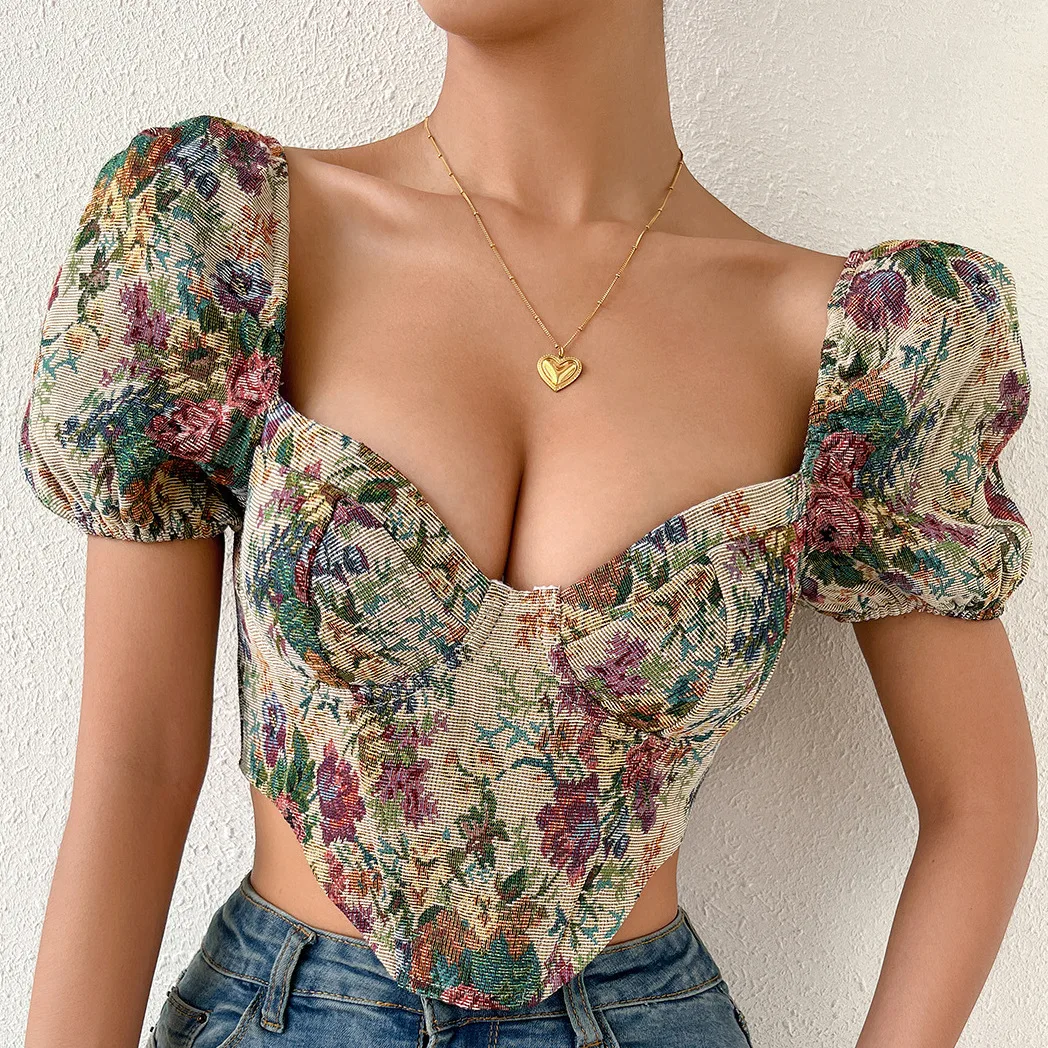 

Vintage Retro Crop Top Shirt Women Boho Puff Sleeve Square Collar Chest Support Blouse Zip Up Flowers Print Irregular Fashion