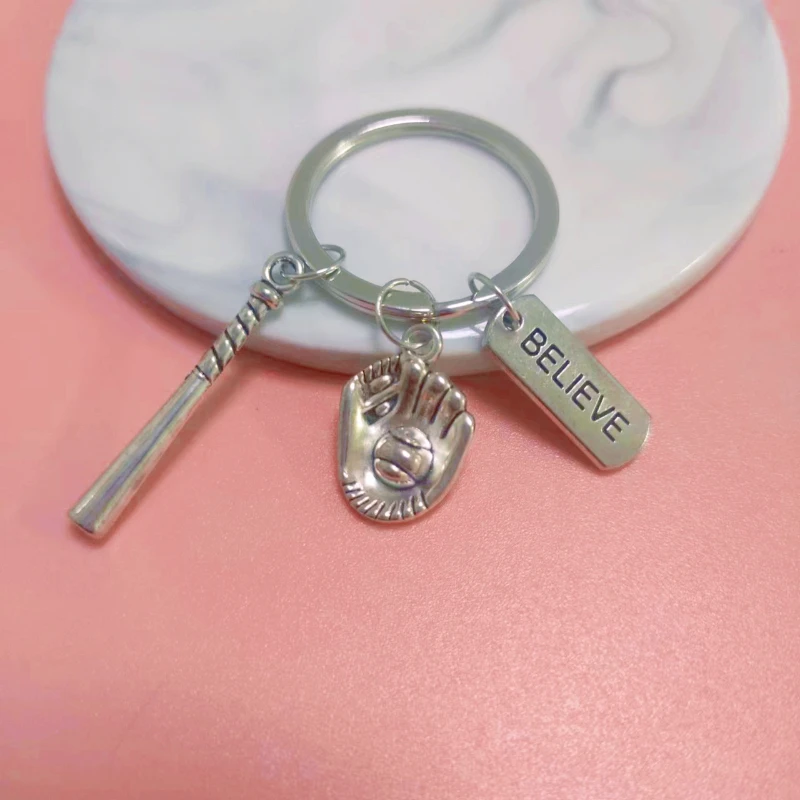 

BELIEVE Baseball Glove Rugby Player FEARLESS Sport Key Chains, Keyring,Women Jewelry Man Accessory Pendant