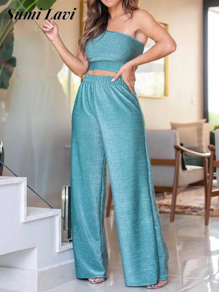 

Fashion Shiny Short Tops Trousers Two Piece Set Women Summer Diagonal Collar Off Shoulder Set Ladies Elastic Waist Wide Leg Suit