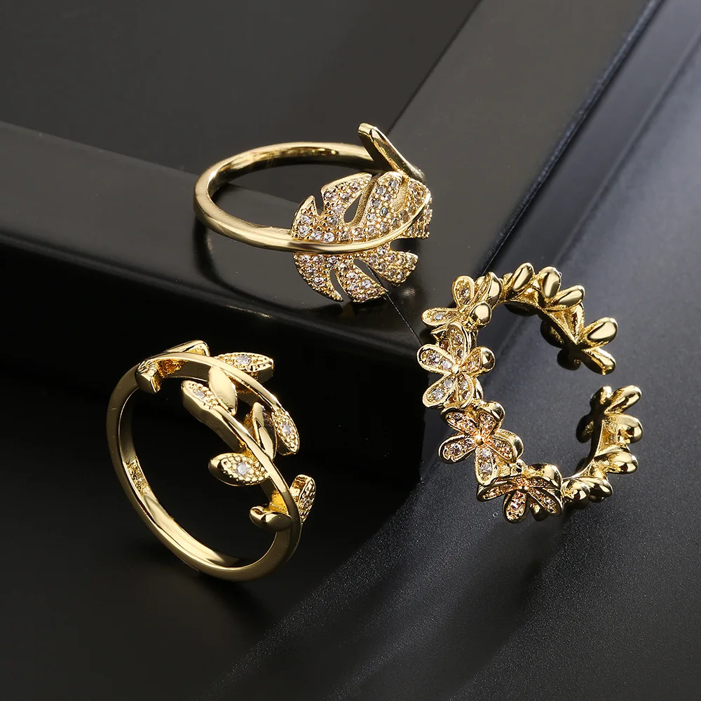 

Luxury 18K Gold Zircon Garland Geometric Opening Women's Ring Marriage Rings 2021 Trend Rings for Women 925 Silver Sakura Ami