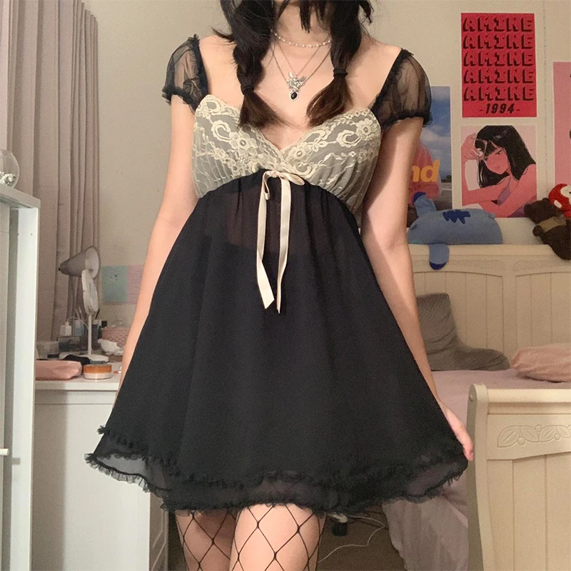 

2000s Vintage Lace Grunge Dresses Sexy Kawaii Patchwork Mesh A-line Goth Dourbesty V-neck Ruffles Dress Dress Fairycore