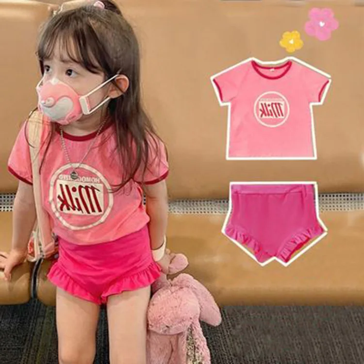 

Children's Cute Suit Summer Girls Short-sleeved Top + Lace shorts Two-piece Set of 3-8 Years Old Children's Clothing
