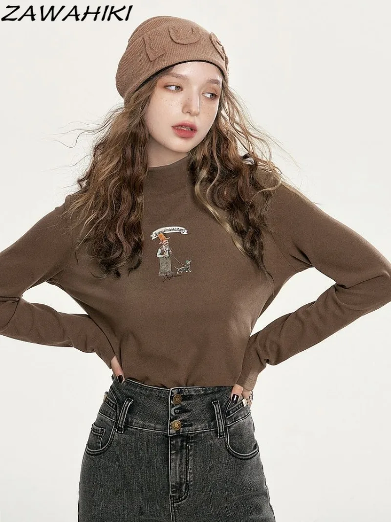 

Y2K Aesthetic Letter Cartoon Print Slim Mock Neck Long Sleeve T Shirt Women Warm Korean Fashion All Match Chic Sweet Bottoming