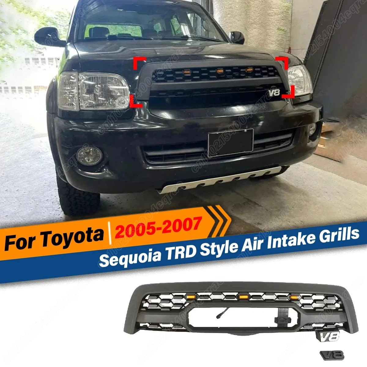 Фото Для Toyota Sequoia 2005 2006 2007, передний бампер в стиле TRD, гоночные решетки со светодиодной подсветкой, верхние решетки воздухозаборника радиатора, комплекты кузова №1