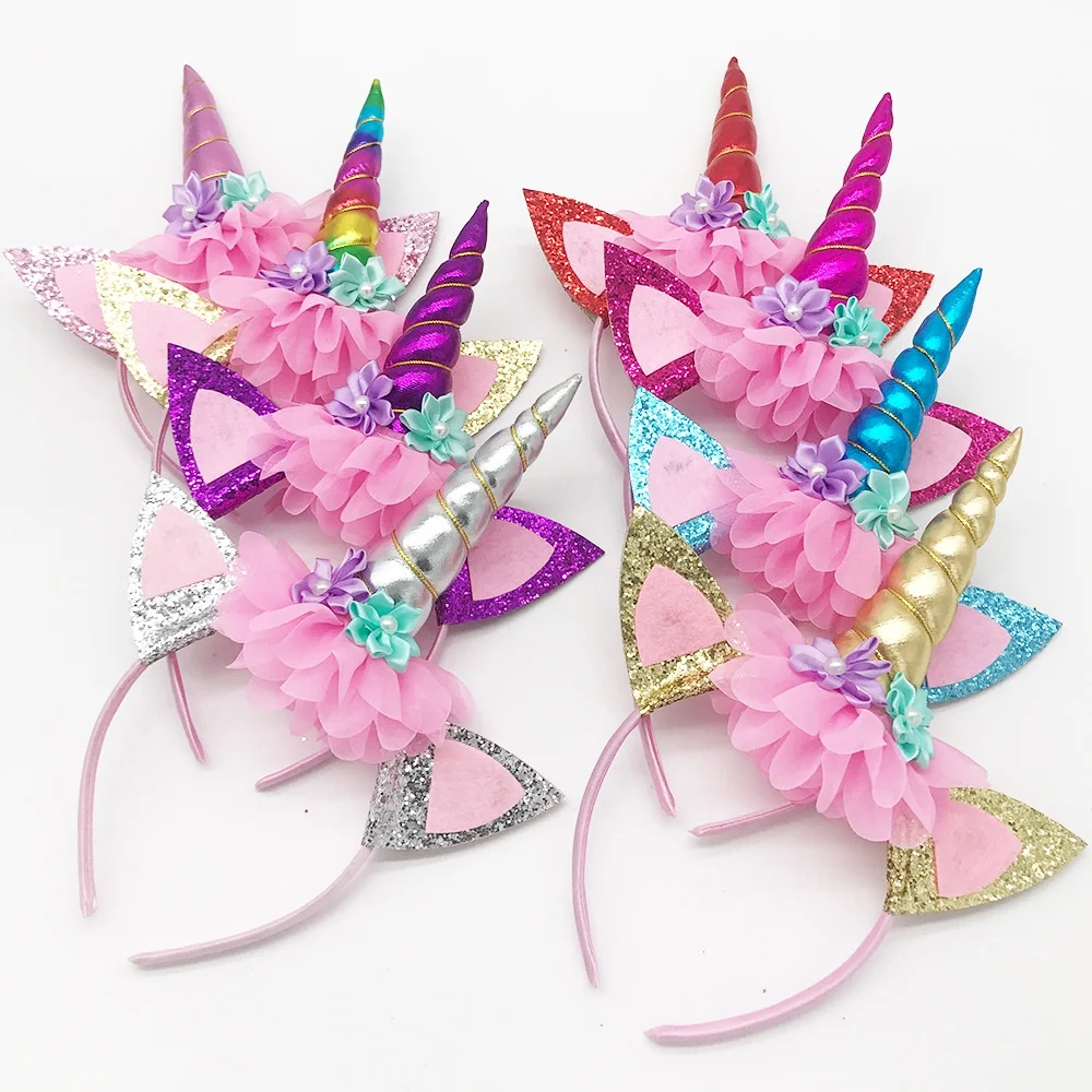 

Cute Unicorn Flower Headband Rainbow Horse Hair Band Happy Birthday Party Decor Princess Party Supplies Kids Girl Favor Gifts