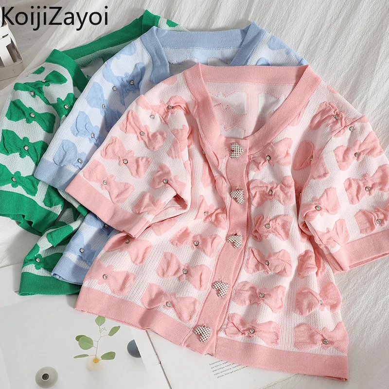 

Koijizayoi Sweet Women Striped Knitted Tops Single Breasted Lady Chic Short Sleeves Cardigan Summer Fashion Tops 2022 Blusas