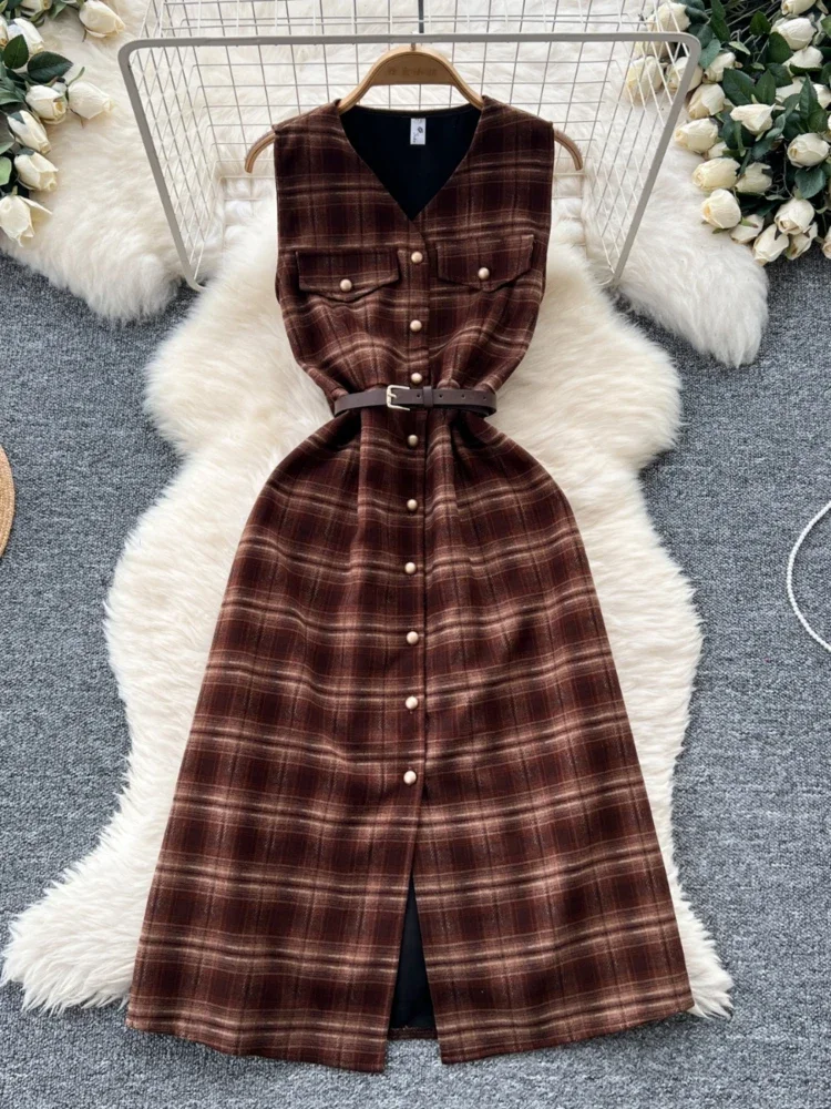 Шерстяное платье во французском стиле ретро женское однобортное клетчатое без