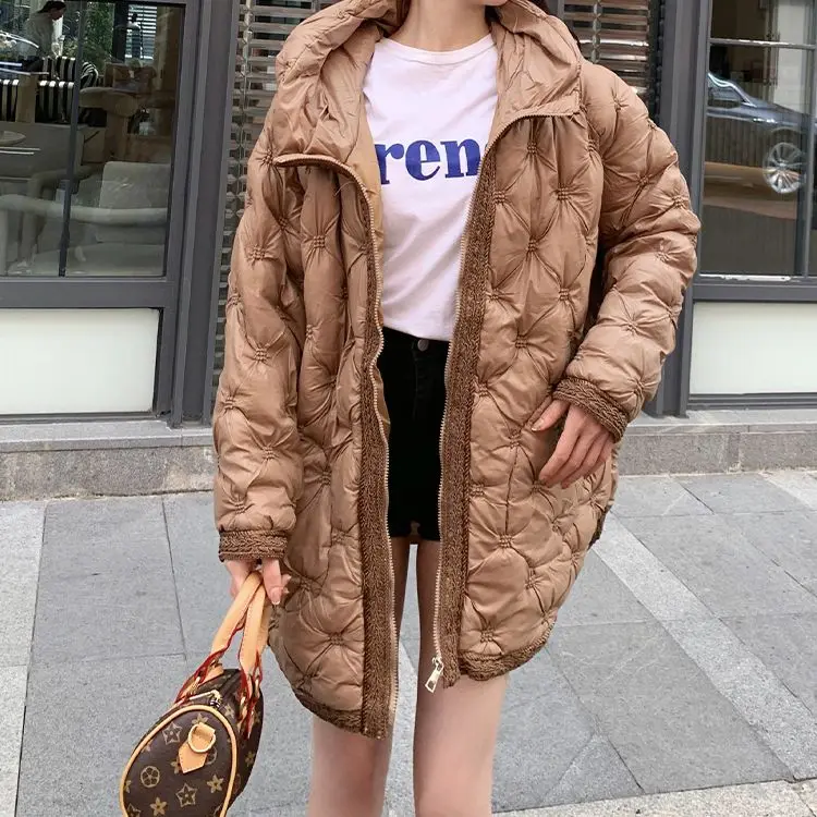 Winter Oversized Warm Coat Khaki Plaid Embroidery Casual Hooded Jacket Women'S Retro Soft Comfortable Casual Coat 2022 New