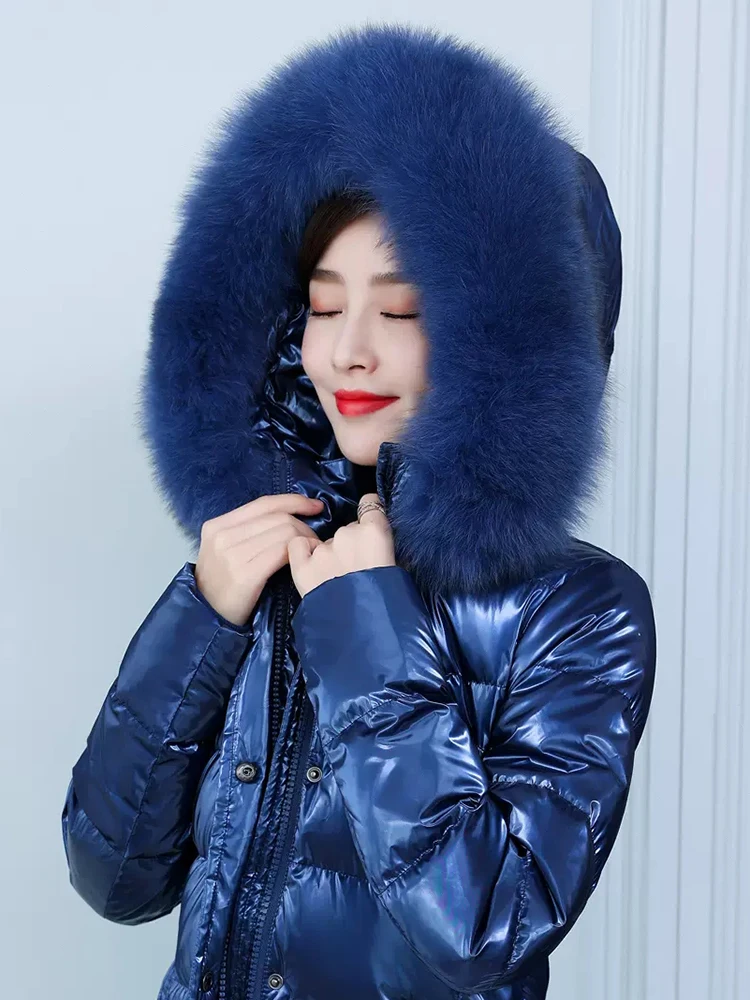 New Women Wash Free Down Coat Winter Fashion Glossy Surface Real Fox Fur Collar Drawstring Lengthened Thicken Warm Down Jacket