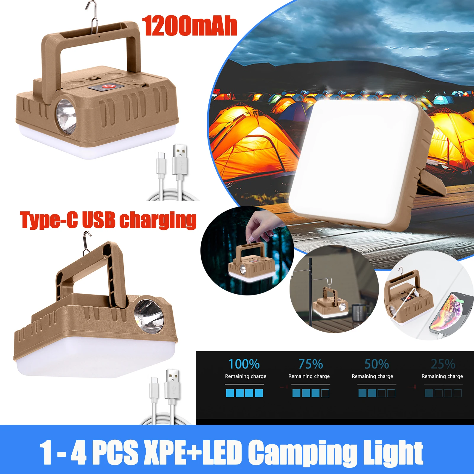 

Фонарь XPE светодиодный туристический, 4 режима, USB, 1200 мАч, IPX4