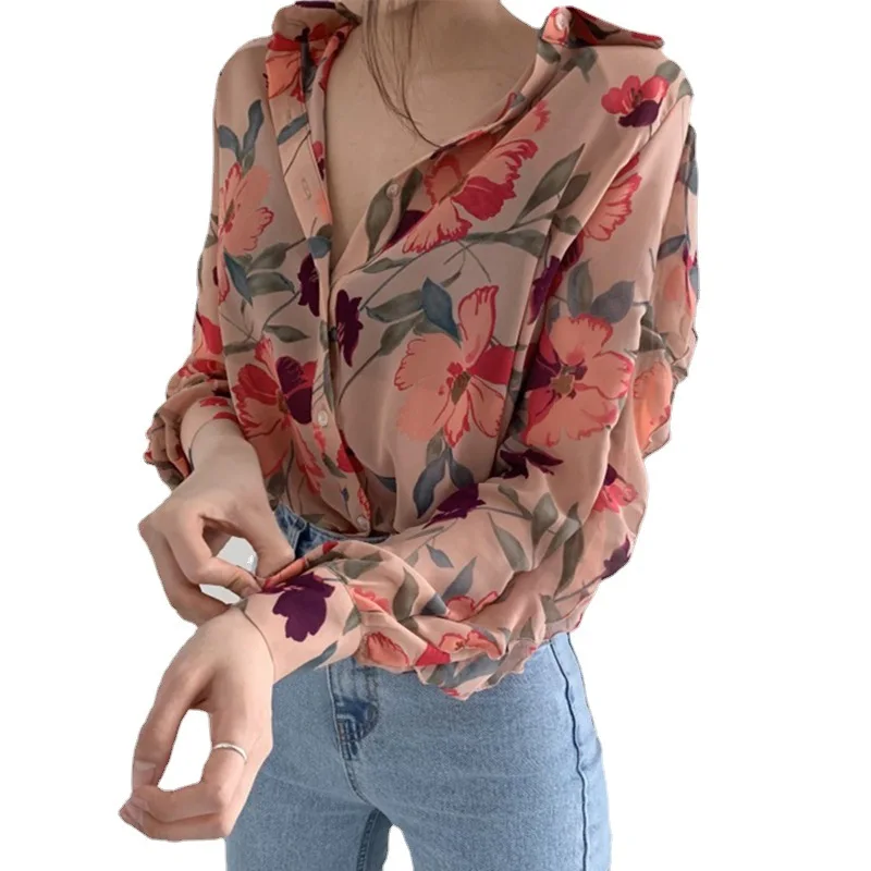 2022 spring and summer floral thin style slim, simple and good-looking long sleeve shirts woman