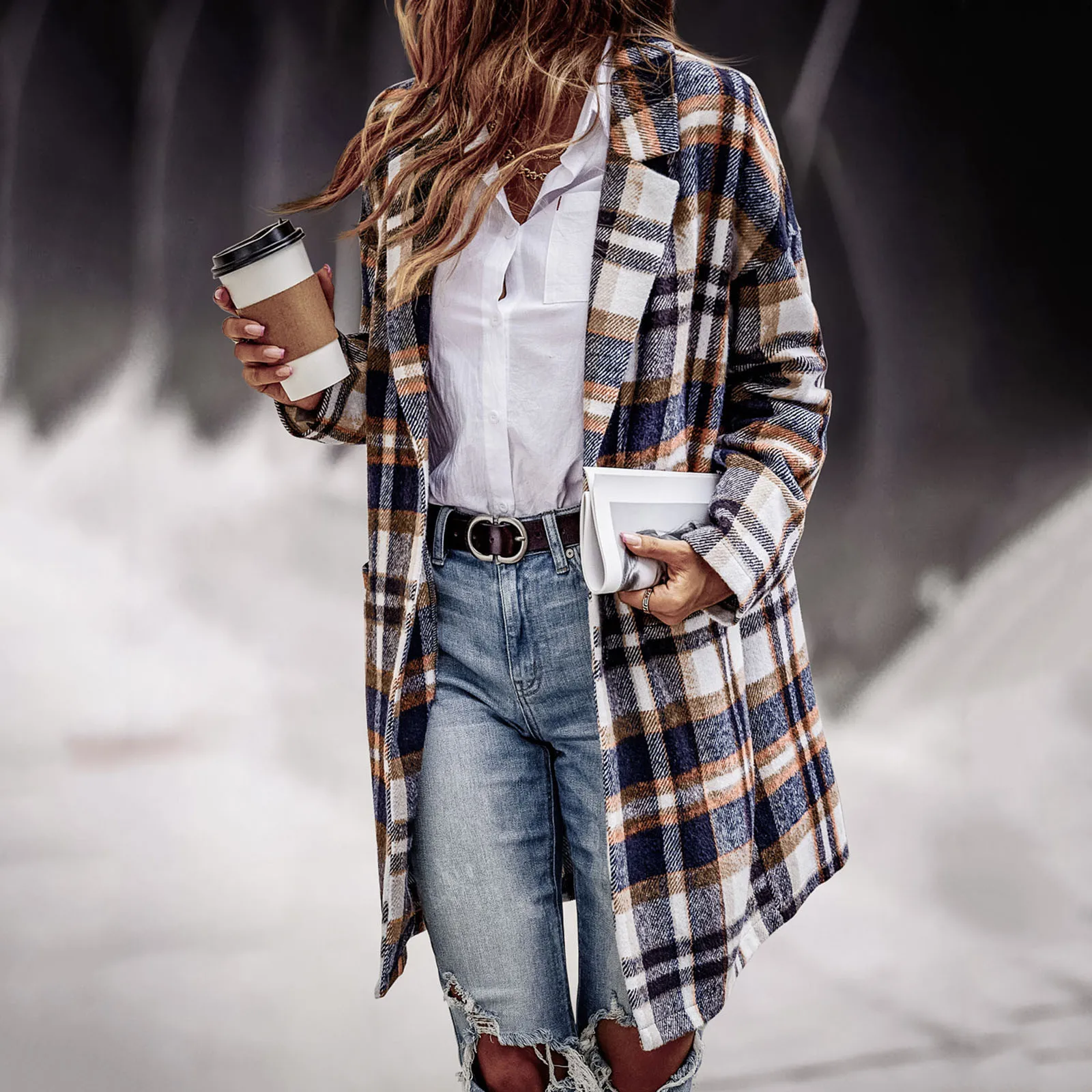 

Женское однобортное пальто на пуговицах, повседневное длинное клетчатое пальто с отложным воротником и длинными рукавами, верхняя одежда с...