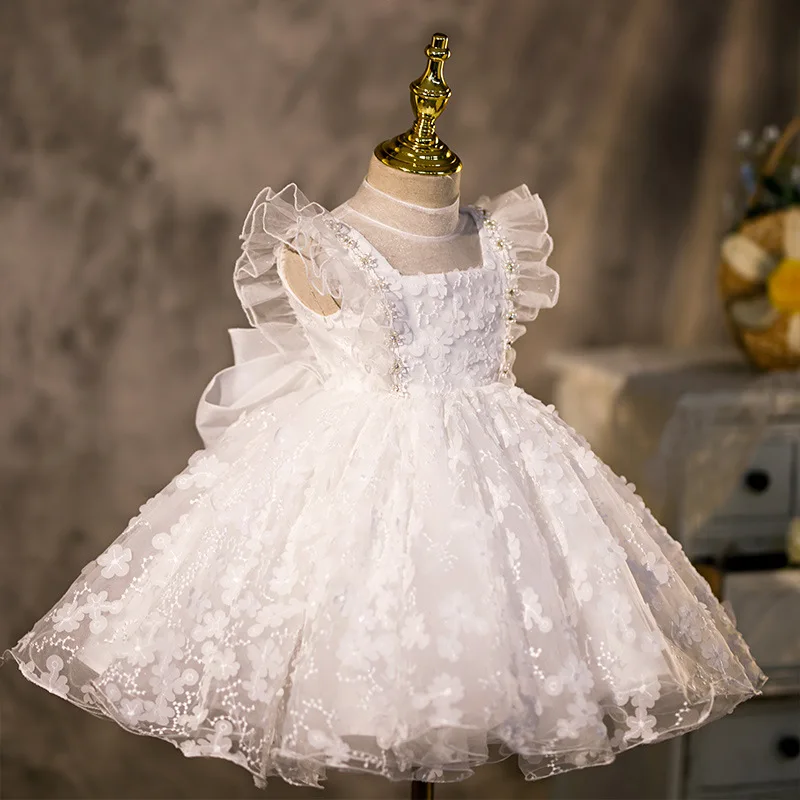 Цветочное свадебное платье для девочек, Сетчатое милое платье принцессы для маленьких девочек с высокими бусинами и цветочным бантом, бальное платье для детского дня рождения y439