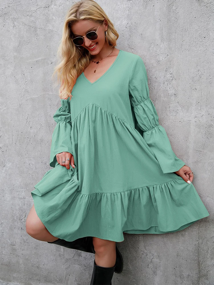 

Oversize Loose Dress Women Summer Bohemian Mini Dress Female Fashion V Neck Long Sleeve Big Swing Ruffle Dress Solid Beach Dress