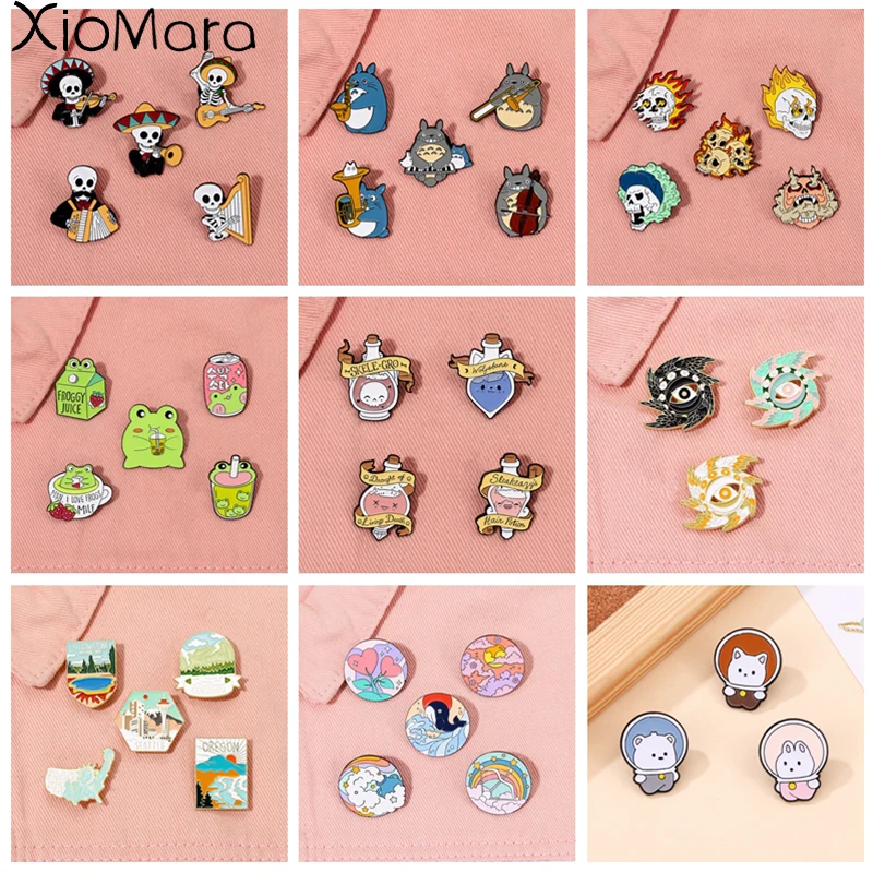 

3-5 Pcs/Set Animal Enamel Pin Seraphrodite Natural Scenery Whale Frog Music Skull Chinchilla Brooches Gift for Friends Jewelry