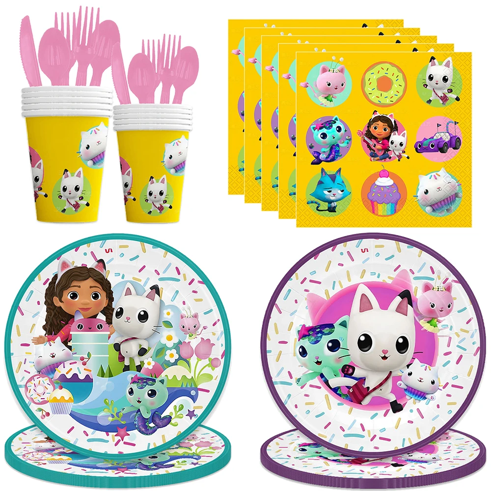 

New Gabby Dollhouse Cats Themed Birthday party Decoration Disposable Tablecloth Cup Plate Balloon For Girls Baby Shower Supplie