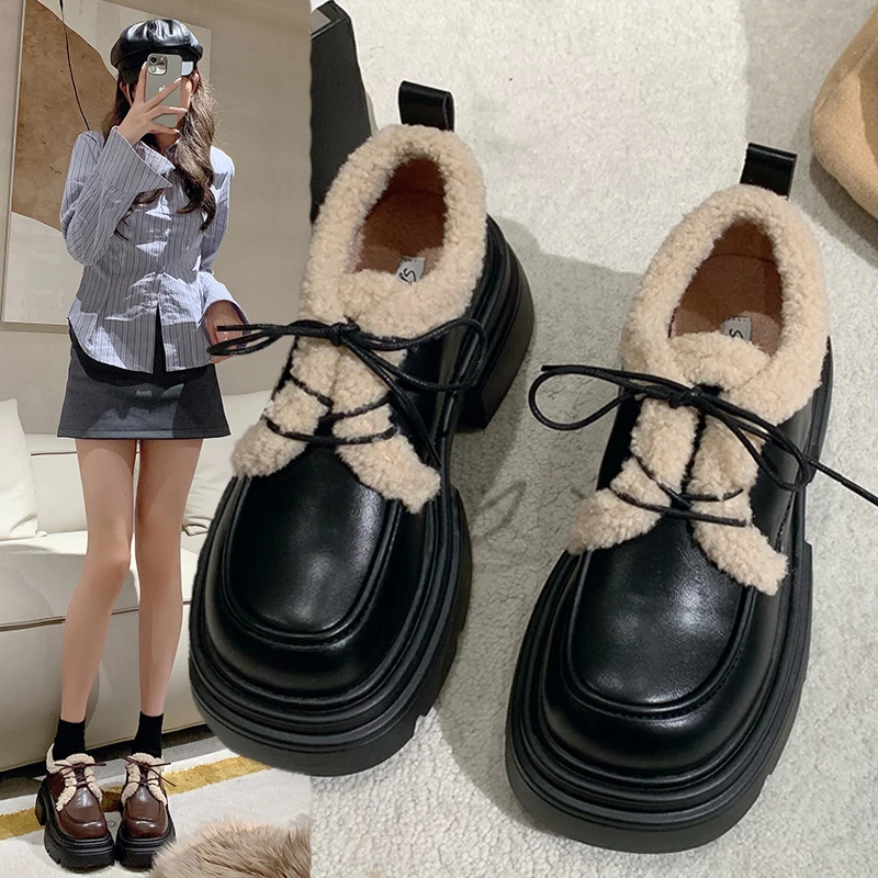 

Womens Loafers Shoes Casual Female Sneakers Mixed Colors British Style Round Toe Oxfords Clogs Platform Slip-on Fur New Preppy L