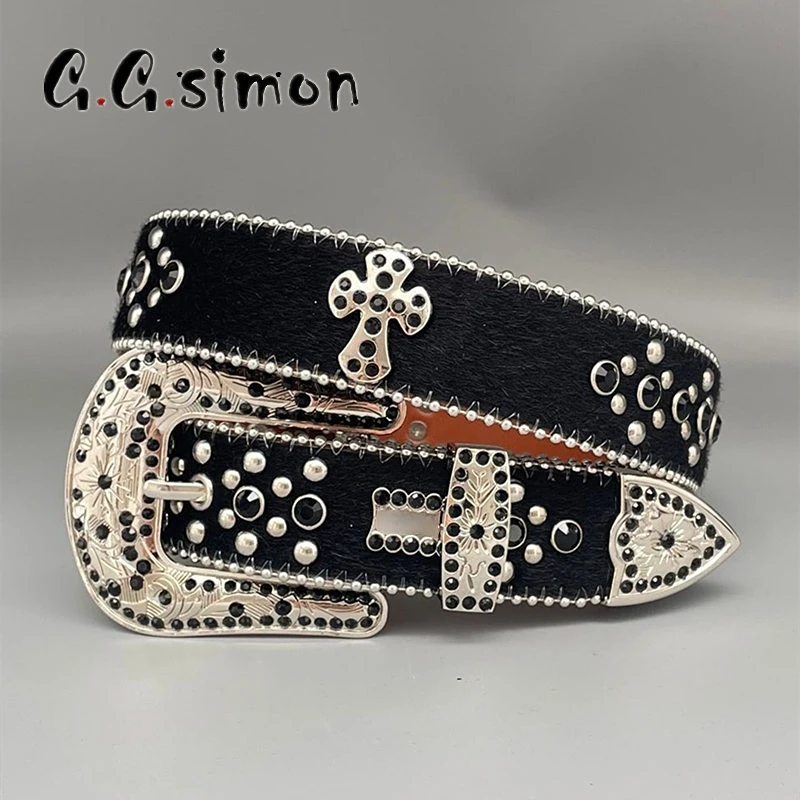 GGSIMON Cross Rhinestone Belts for Women Goth PU Leather Cinturones Para Mujer Horsehair Western Cowboy Y2K Diamond Studded Belt