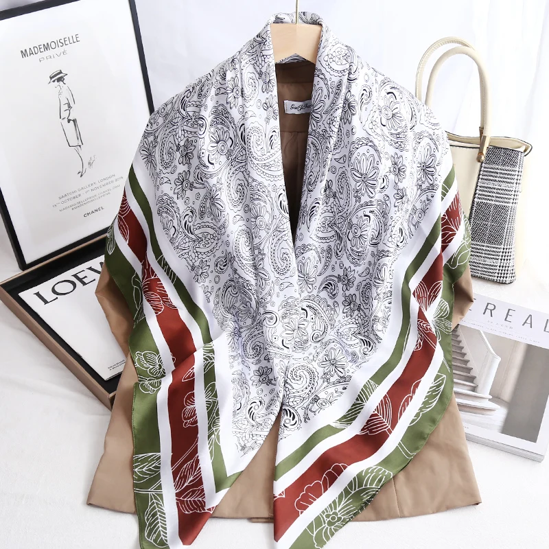 

Spring Autumn Paisley Printed Square Imitated Silk Hijab Soft Travel Sun Resistance Women Foulard Multi Purpose Scarf