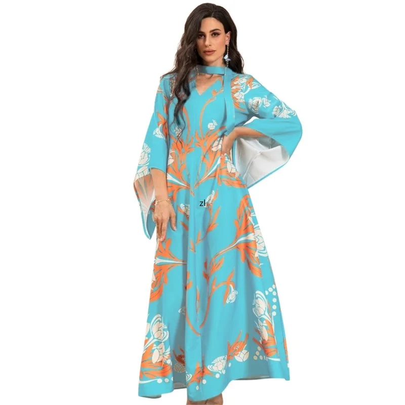 

Blue Fashion Muslim Long Dress Abaya Print Maxi African Dresses For Women Middle East Dubai Islam Traditional Ankara Robes New