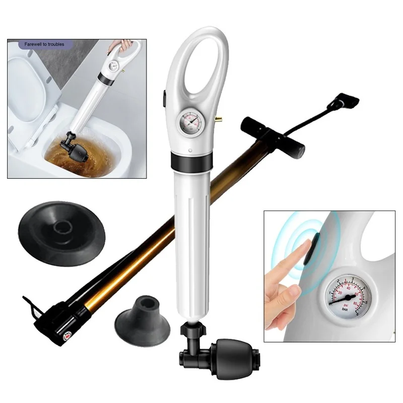 

Toilet Air Pressure Plunger Pump Kits Air Drain Blaster Augers Gun Plunger with 4 Replaceable Heads White