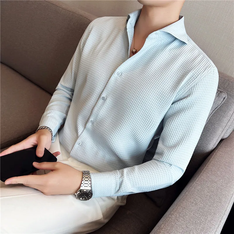 2022 Autumn One Word Collar Shirts Men Long Sleeve Casual Slim Shirt Solid Color Business Dress Shirts Streetwear Tuxedo Blouse