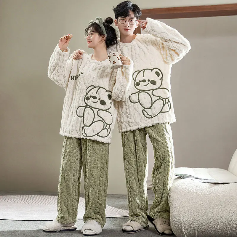 Yasuk Winter Fashion Men Women's Casual Soft Coral Velvet Sleepwear Homewear Couple Pajamas With Pants  Bear Green Thick