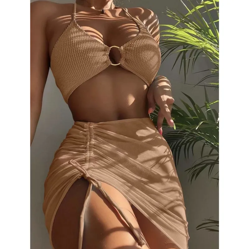 

3 Pieces Mesh Skirt Swimsuit Women Bikini 2022 High Waist Swimwear Sexy Solid Beachwear Bathing Suit 2-piece Set Dress Halter