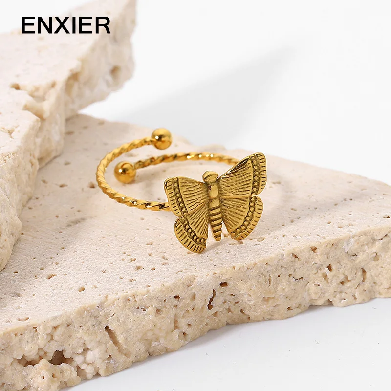 

ENXIER 316L Stainless Steel Retro Golden Opening Adjustable Butterfly Ring Vintage Personality Women's Ring Jewelry Gift