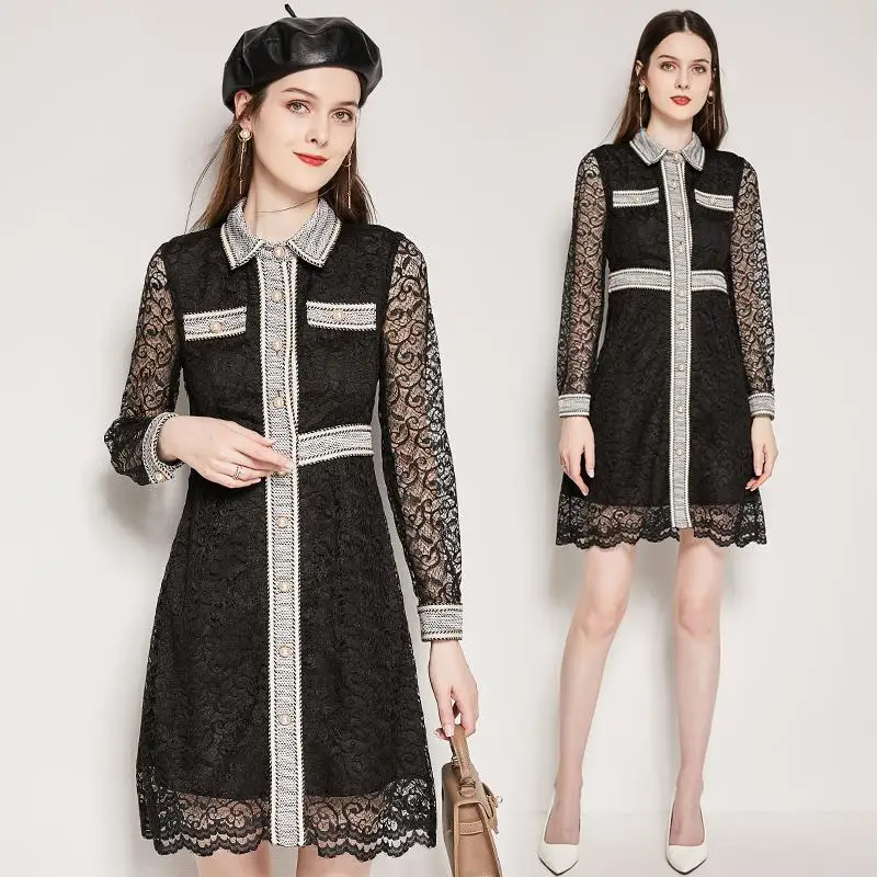 

High Quality Watersoluble Lace Embriodery Small Black Women Dress Long Perspective Sleeve Temperamental Single Breasted Vestidos